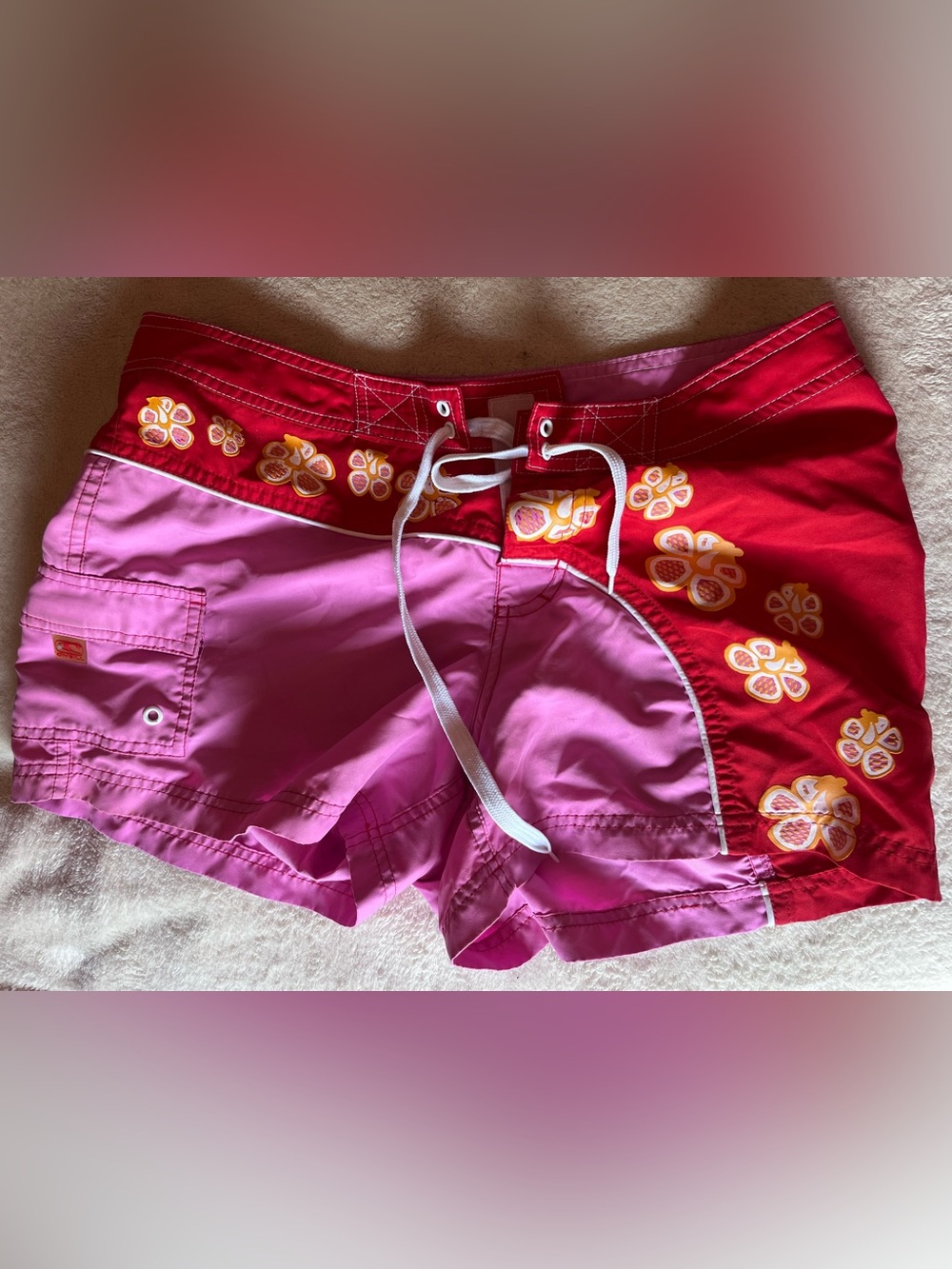 O'Neill Pink and Red Floral Drawstring Athletic Shorts